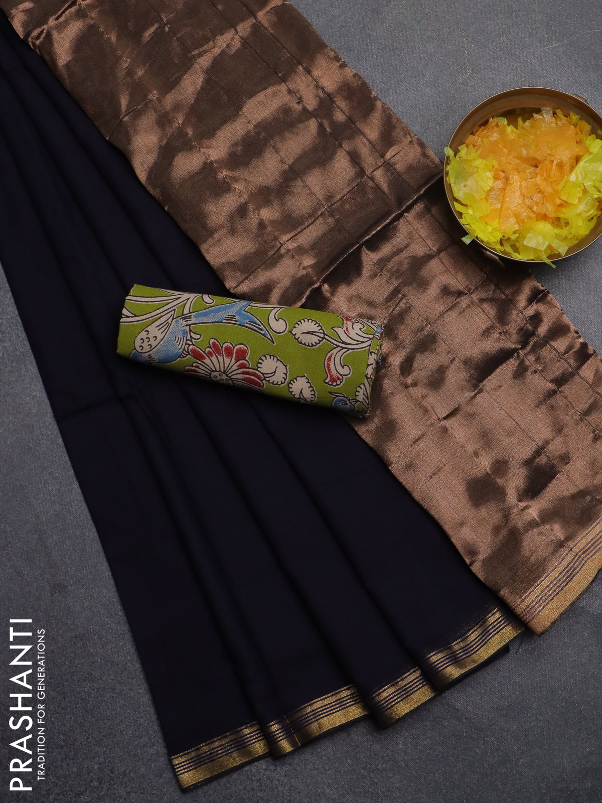 Bengal soft cotton saree navy blue and mehendi green with plain body and zari woven border