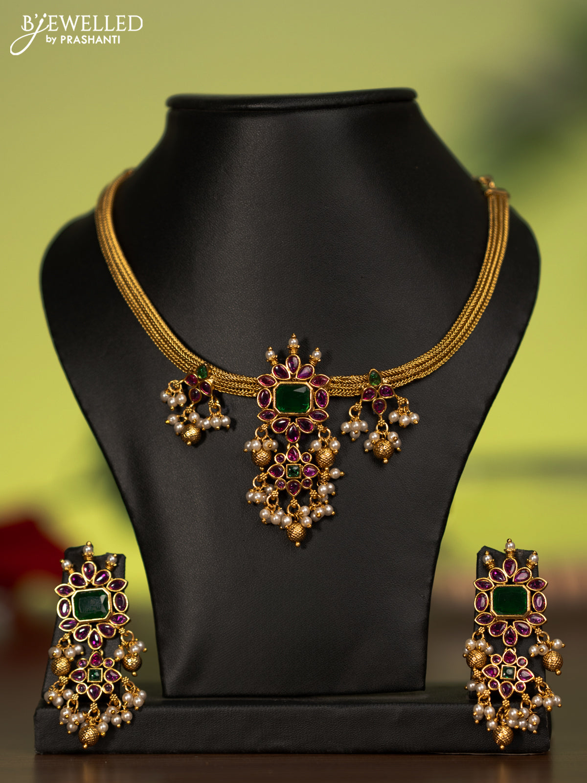 Antique attigai necklace with kemp stones and pearl hangings