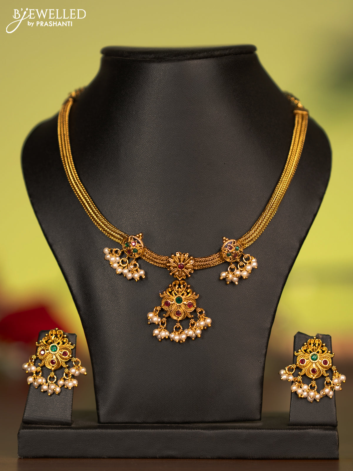 Antique attigai necklace with kemp stones and pearl hangings