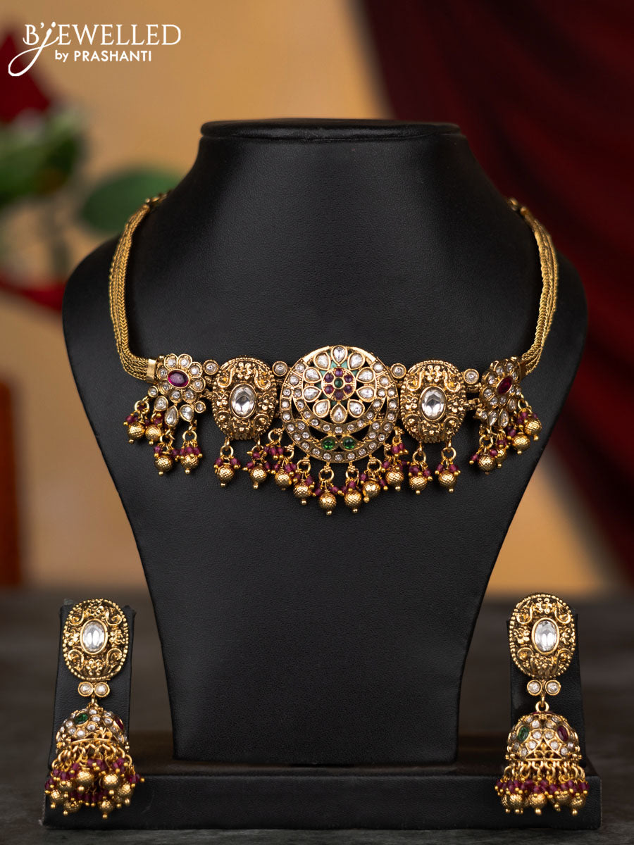 Antique attigai necklace with kemp & kundan stones and golden beads hangings