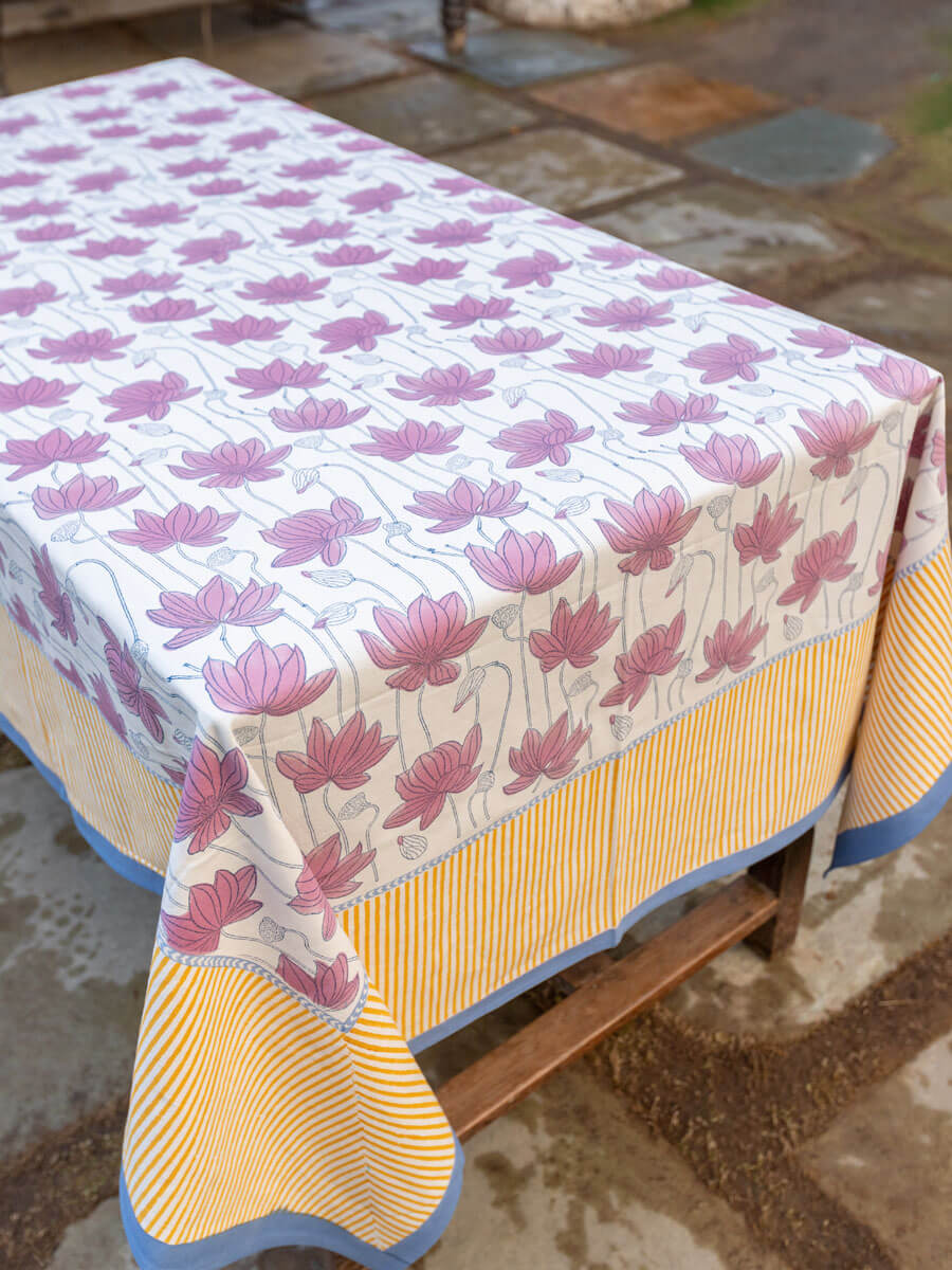 Purple Lotus Block Print Cotton Table Cover