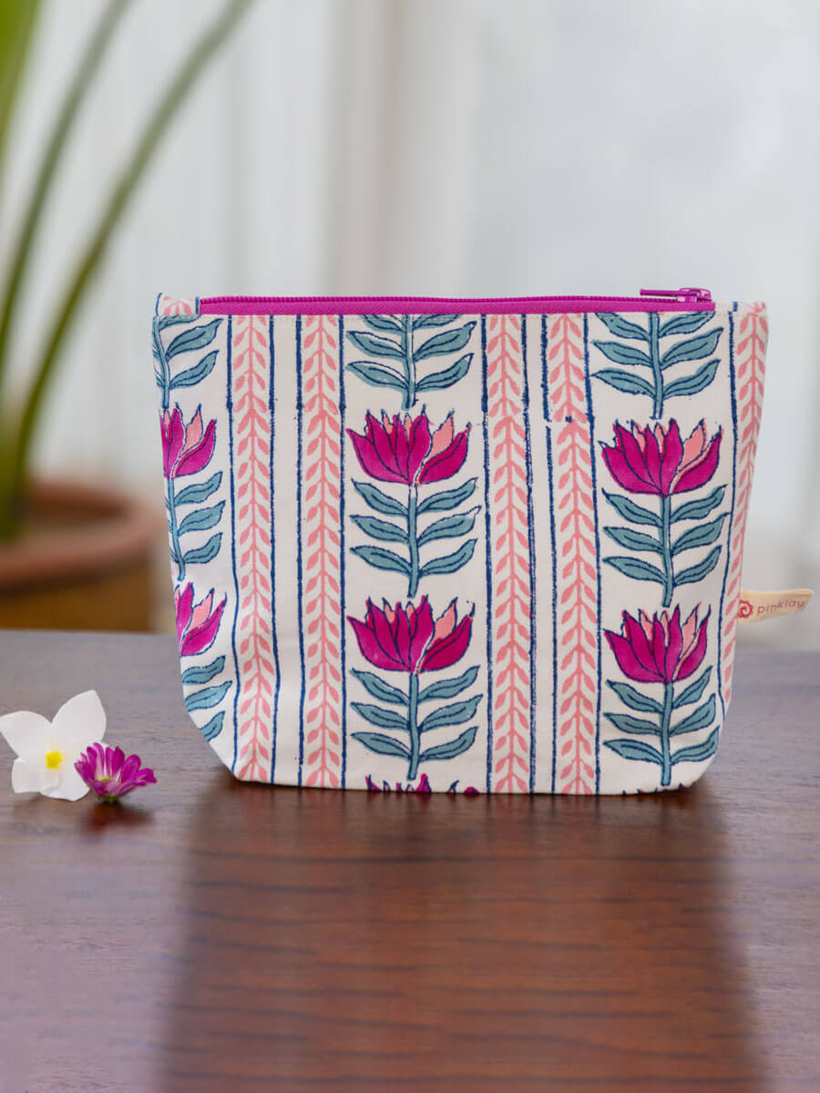 Lotus Love Hand Block Print Cotton Travel Pouch