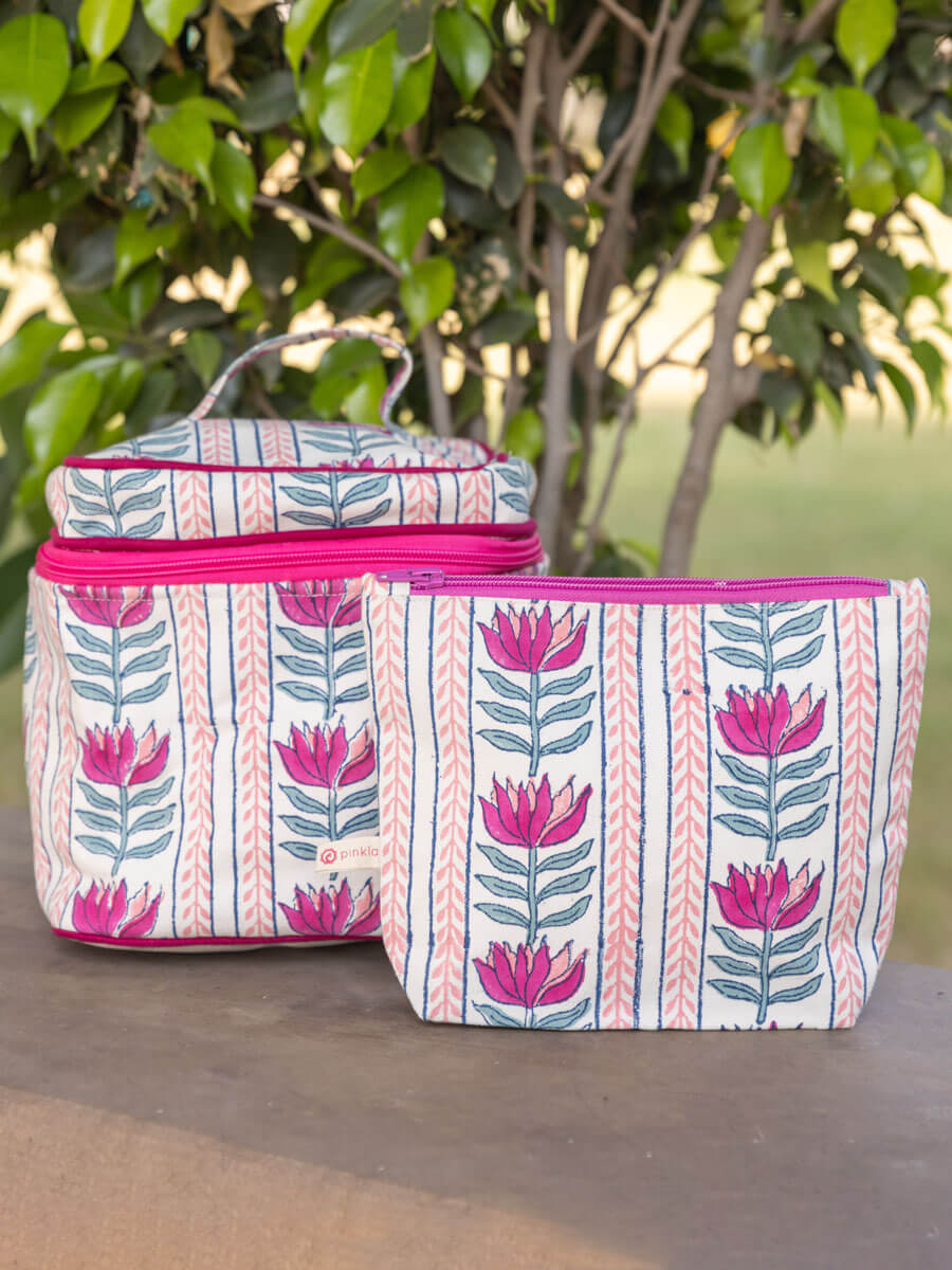 Set of 2 - Lotus Love Block Printed Vanity Case and Travel Pouch