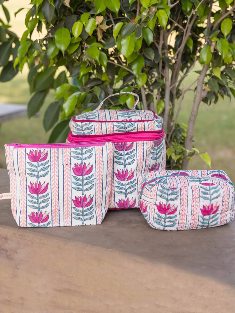 Set of 3 - Lotus Love Block Printed Travel Kit