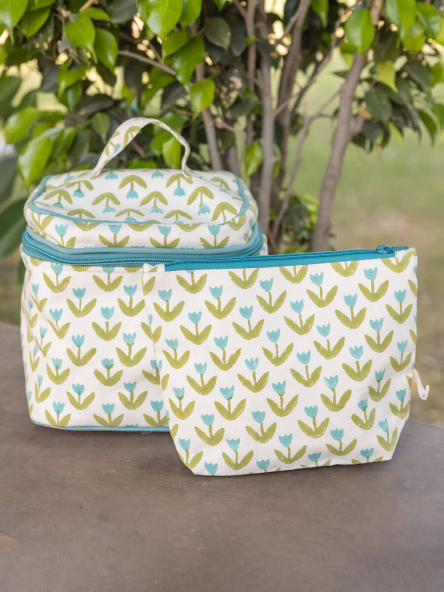 Set of 2 - Tiny Tulip Block Printed Vanity Case and Travel Pouch
