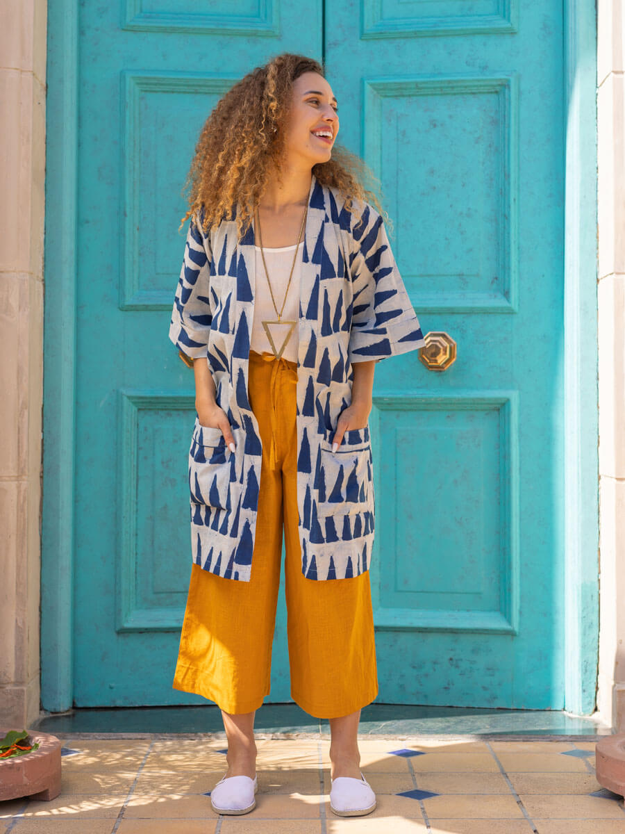 Set of 2 - Mimosa Indigo Dabu Kimono Jacket and Palazzo Pants