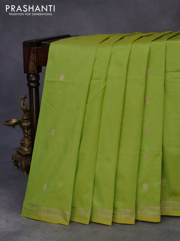 Banarasi katan silk saree lime green with zari woven buttas in borderless style