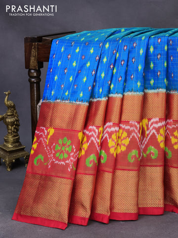 Pochampally silk saree blue and red with allover zari checks & ikat buttas and long ikat woven zari border