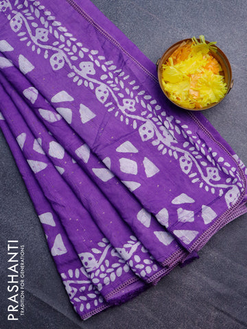 Batik cotton saree violet with allover sequin work & batik butta prints and printed lace work border