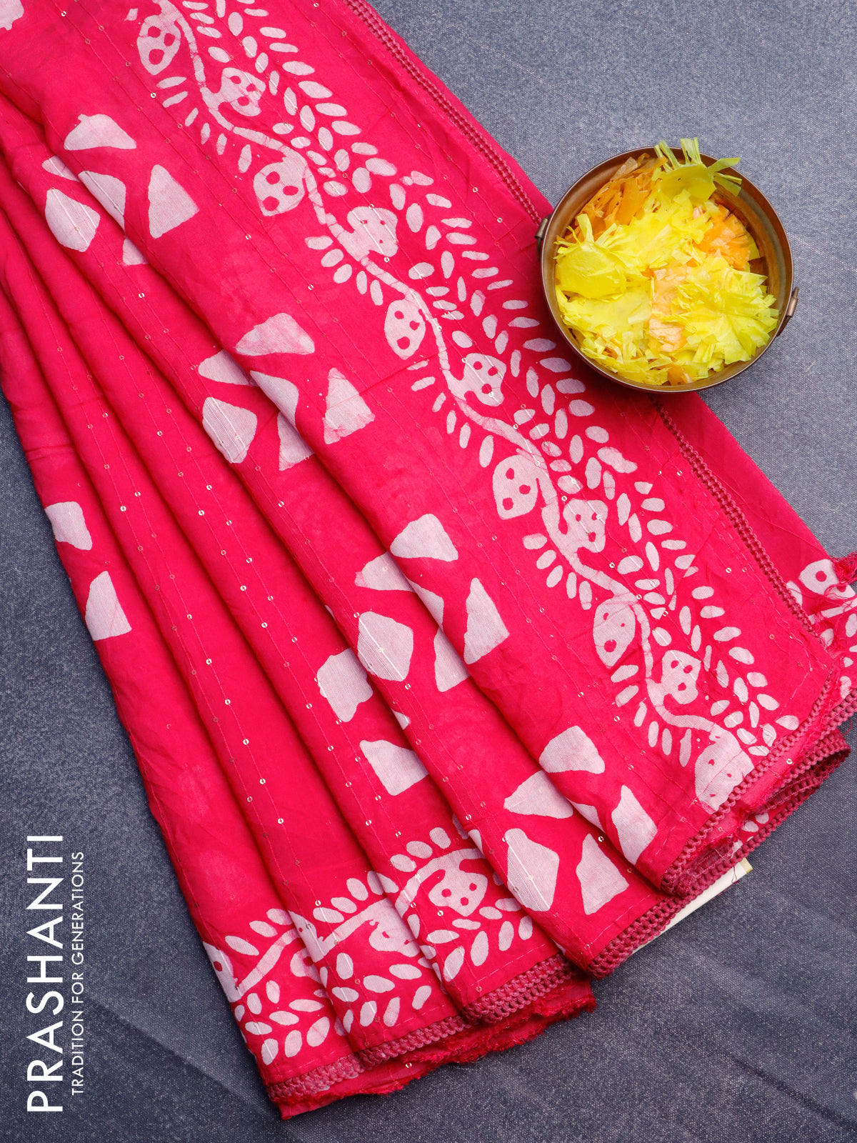 Batik cotton saree pink with allover sequin work & batik butta prints and printed lace work border