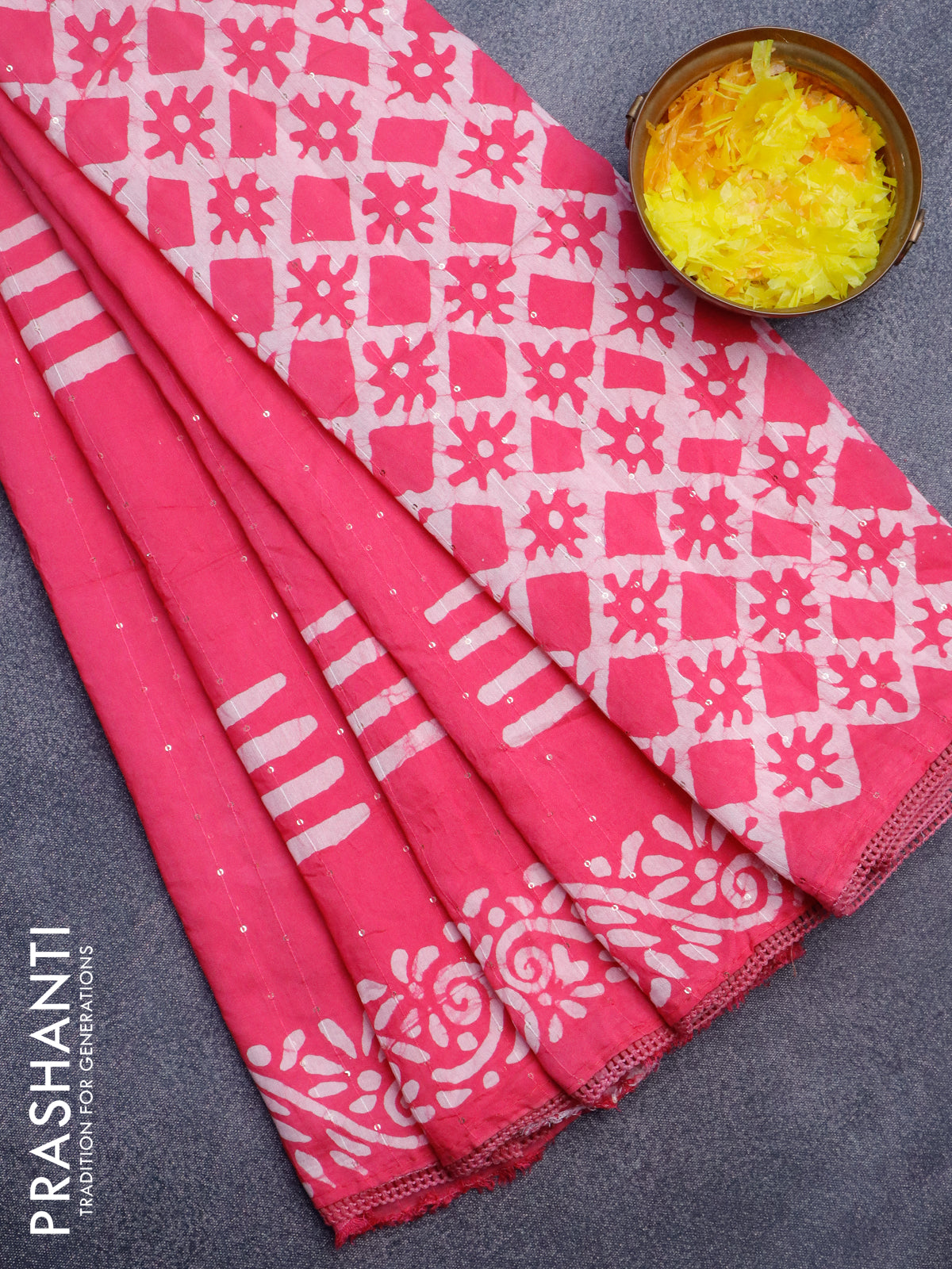 Batik cotton saree pink with allover sequin work & batik butta prints and printed lace work border