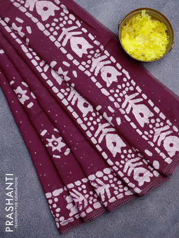 Batik cotton saree wine shade with allover sequin work & batik butta prints and printed lace work border