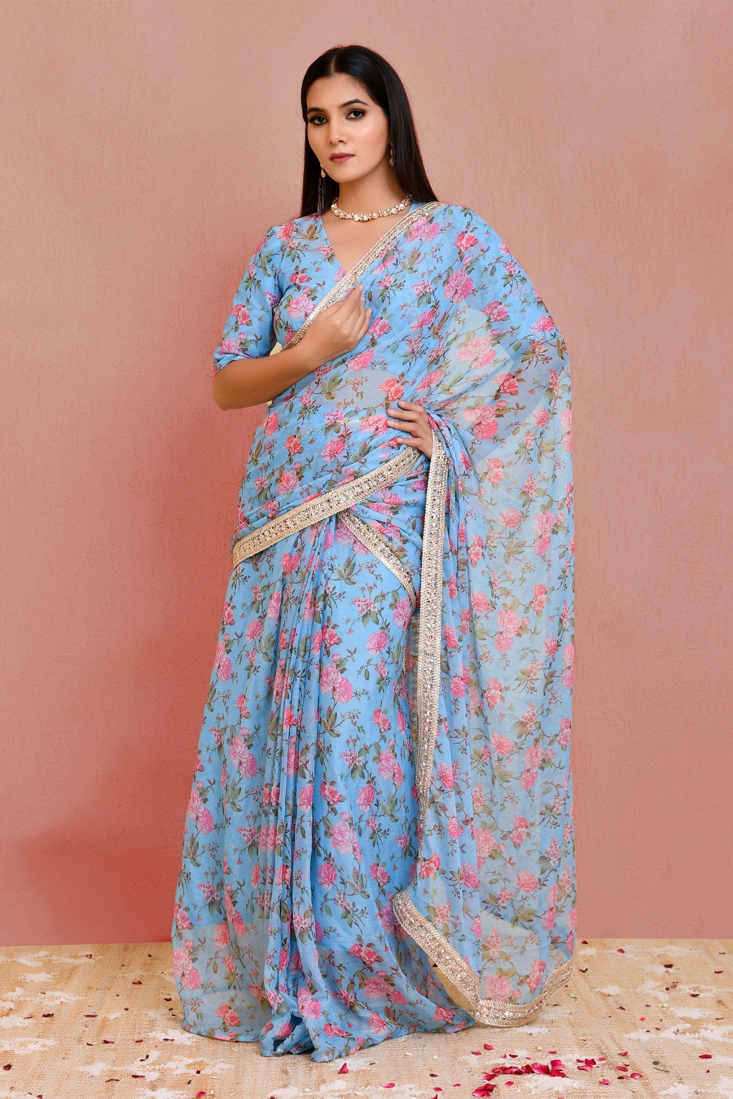 Blue Georgette Ready-Made Saree With Floral Prints