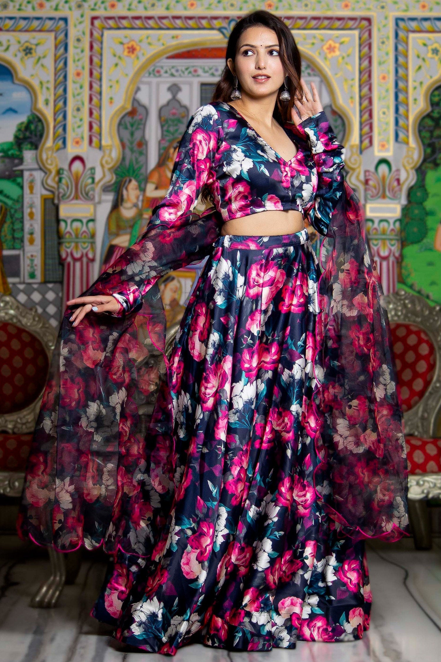 Black Satin Lehenga Set With Floral Prints