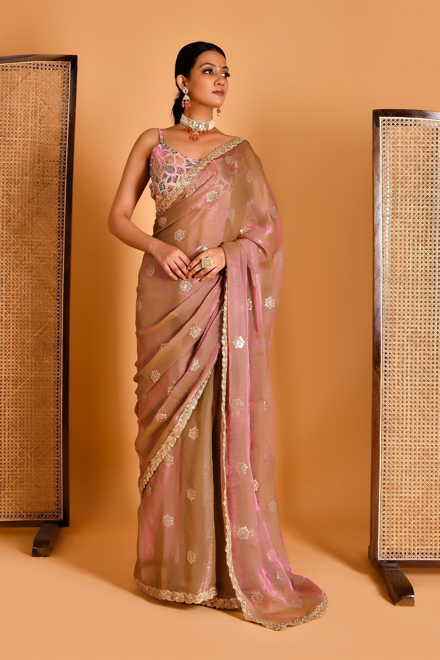 Brownish Pink Tissue Organza Saree With Sequins And Lace Blouse