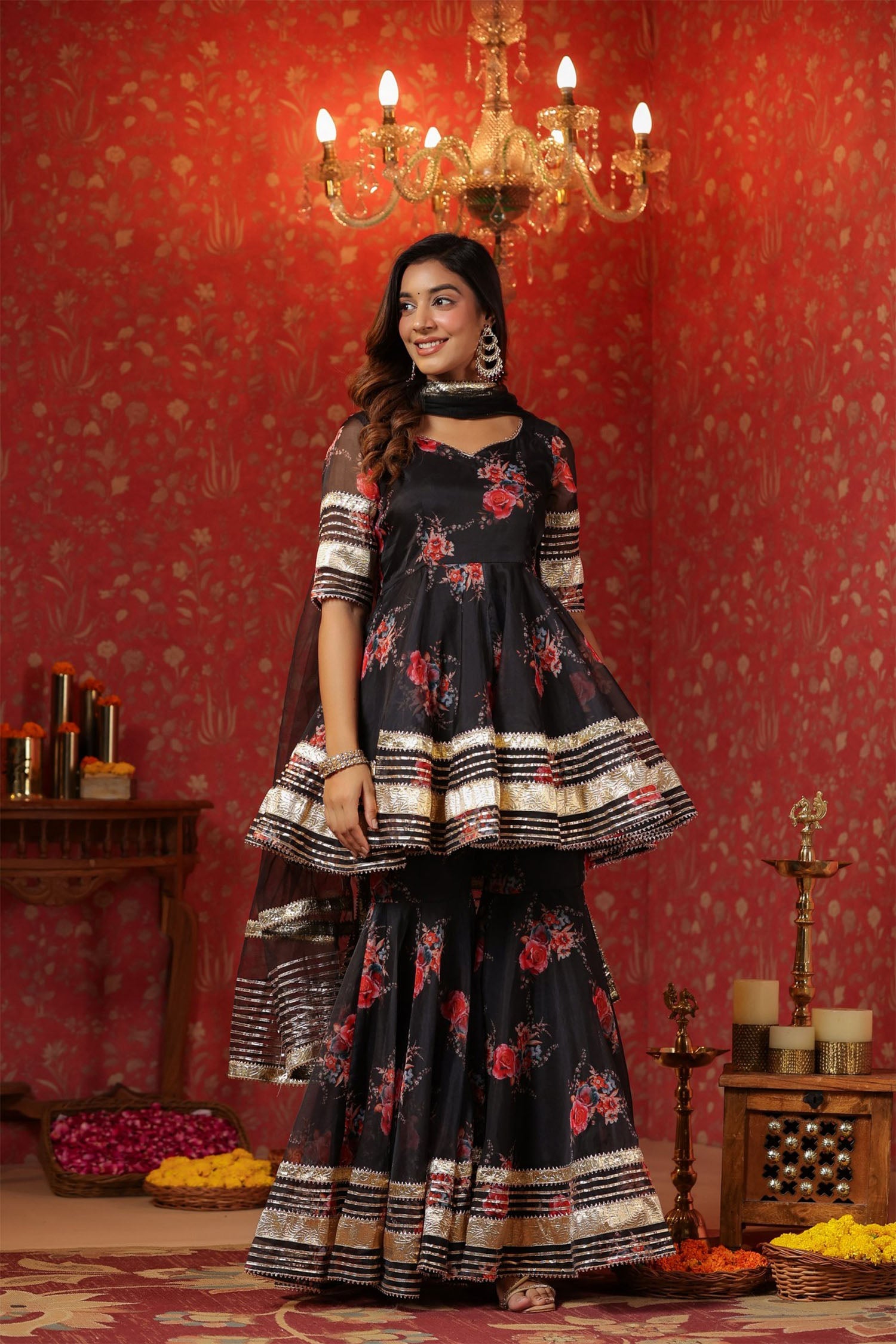 Black Organza Floral Printed Gharara Set