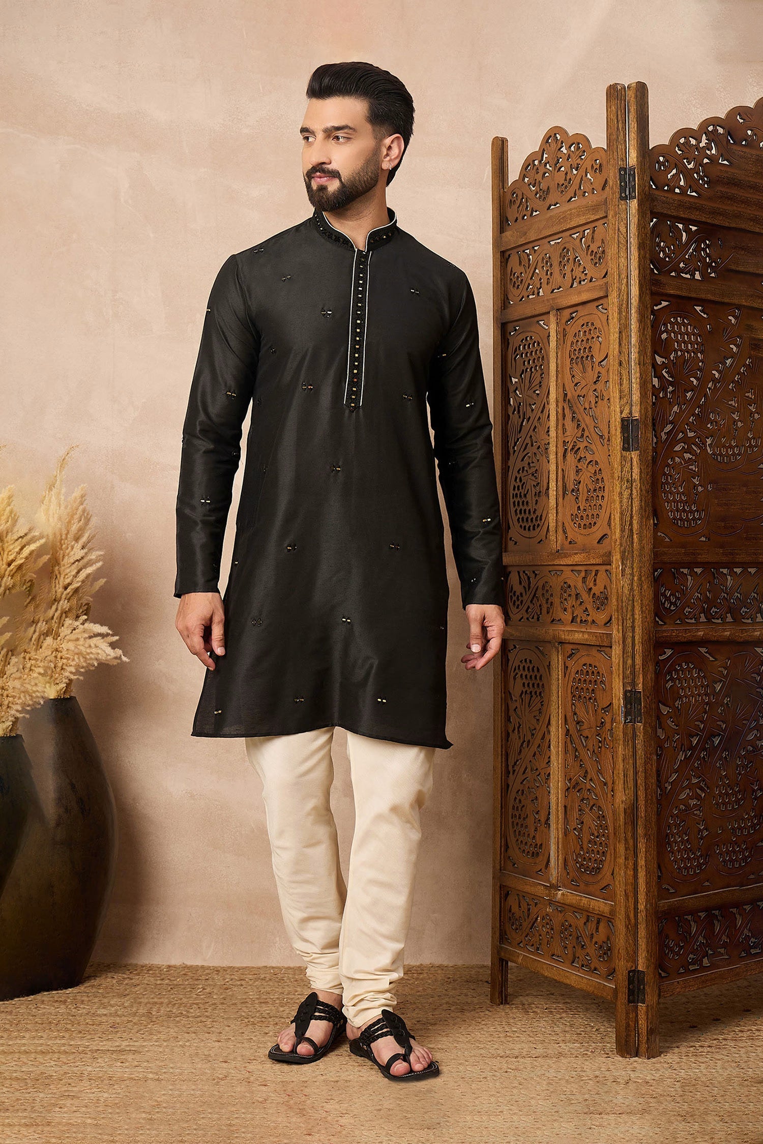 Black Cotton Blend Mirror Work Kurta Set