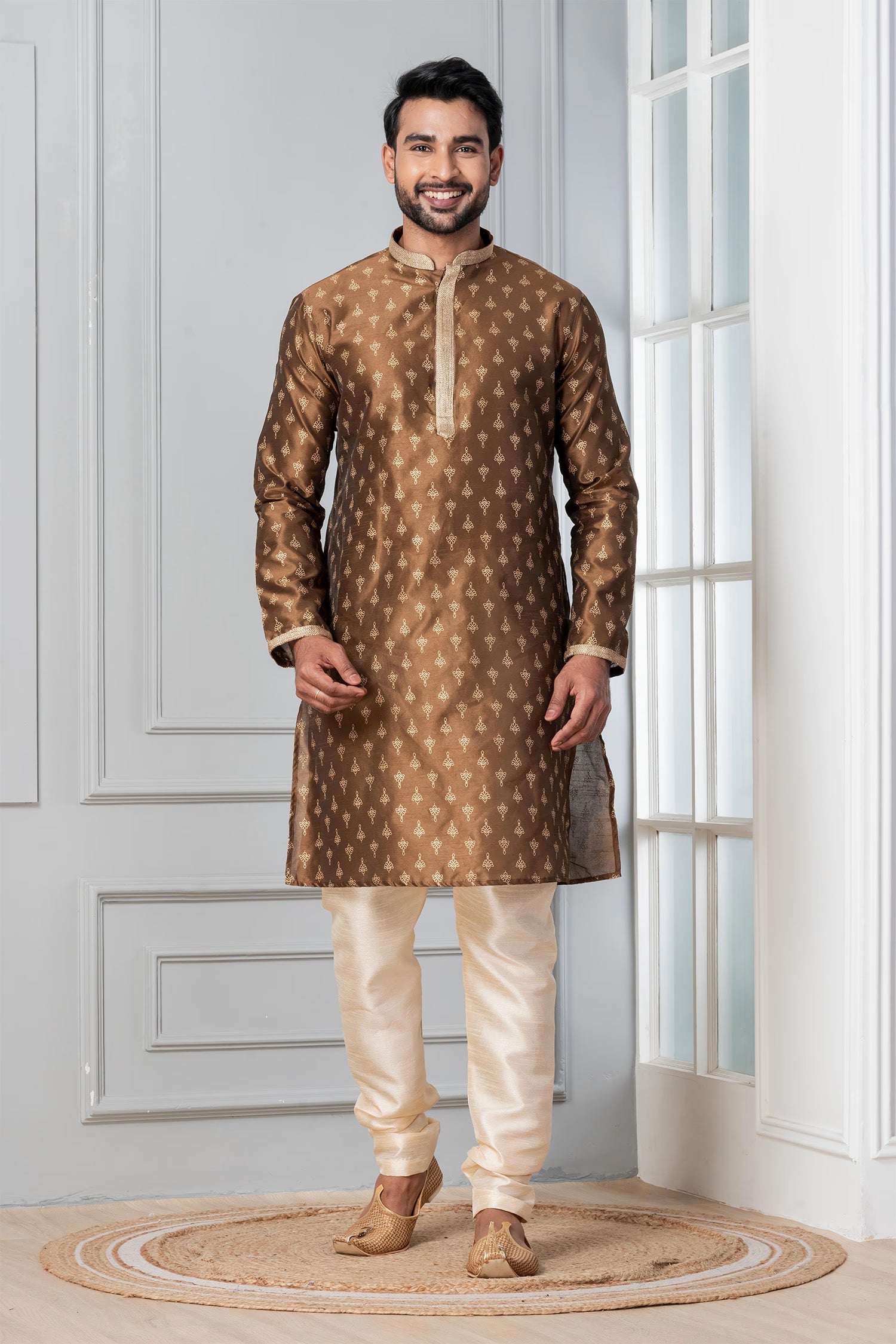 Brown Printed Dupion Silk Kurta Set