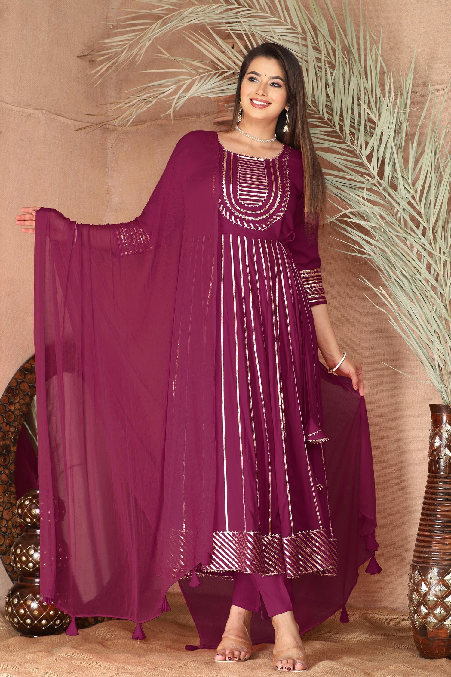 Dark Raspberry Rayon Gota Work Anarkali Set