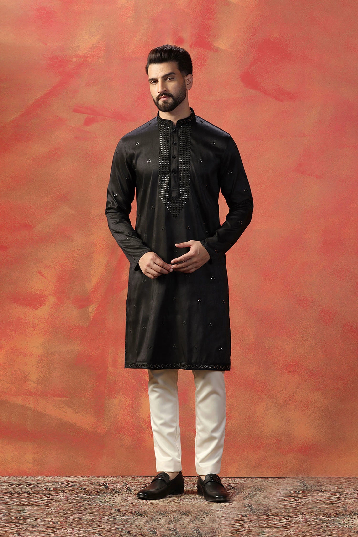 Black Silk Blend Embroidered Kurta