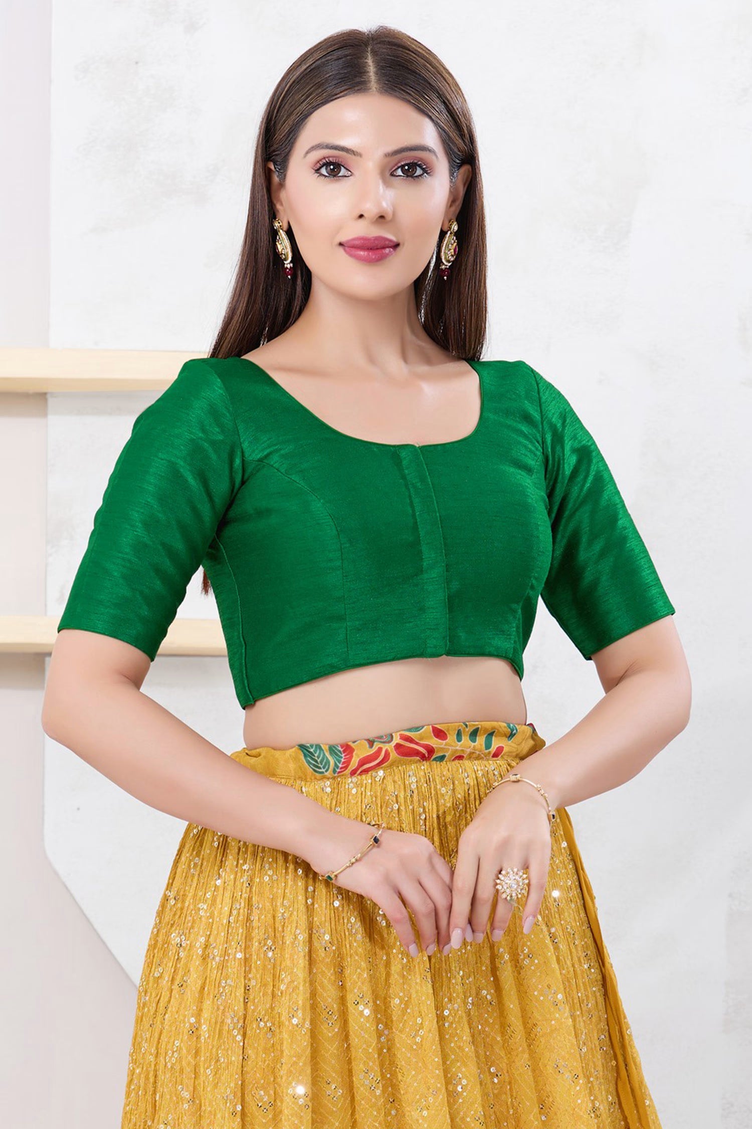 Basil Green Solid Dupion Silk Blouse
