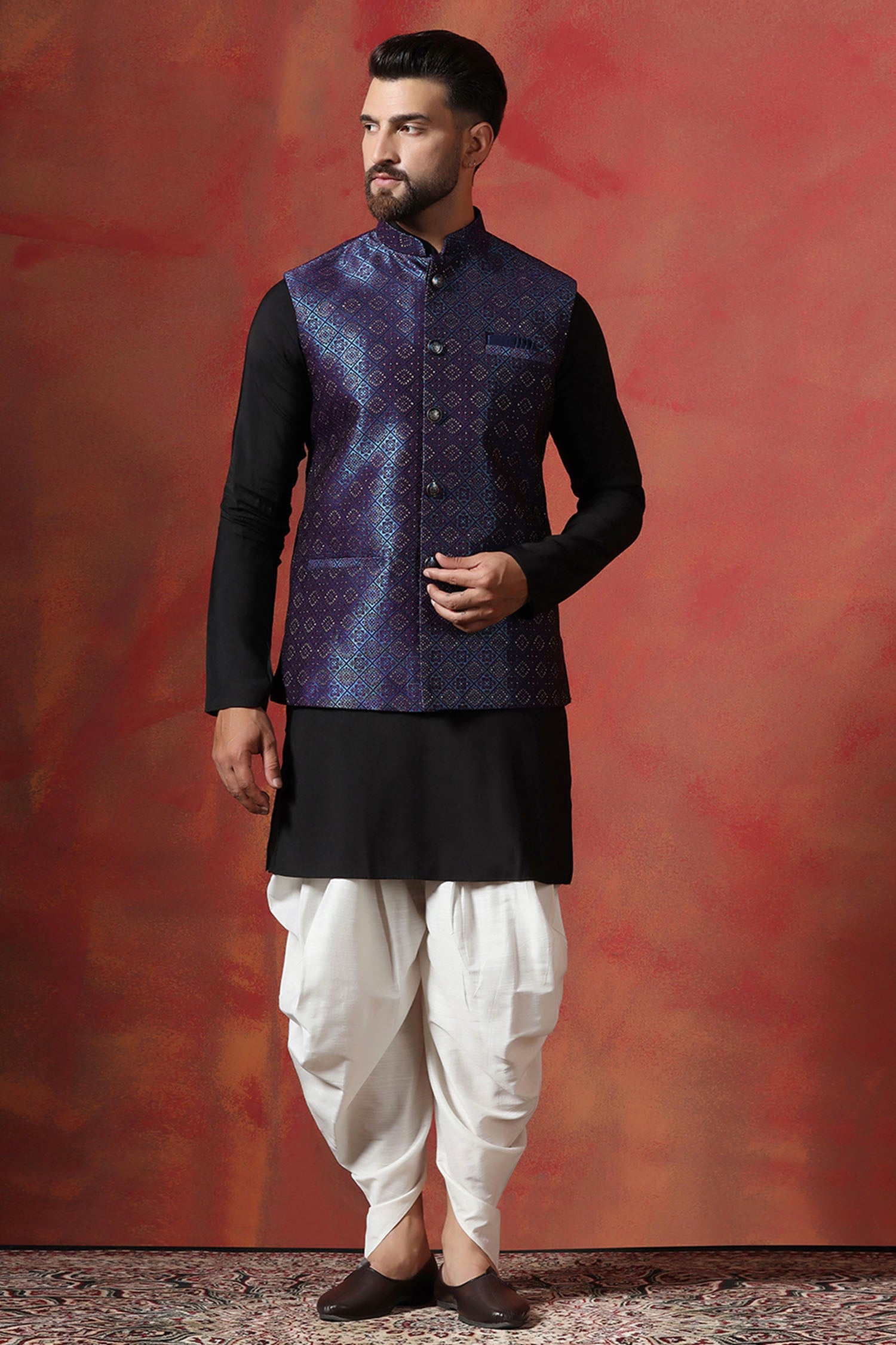 Black Jacquard Solid Kurta Set With Indigo Nehru Jacket