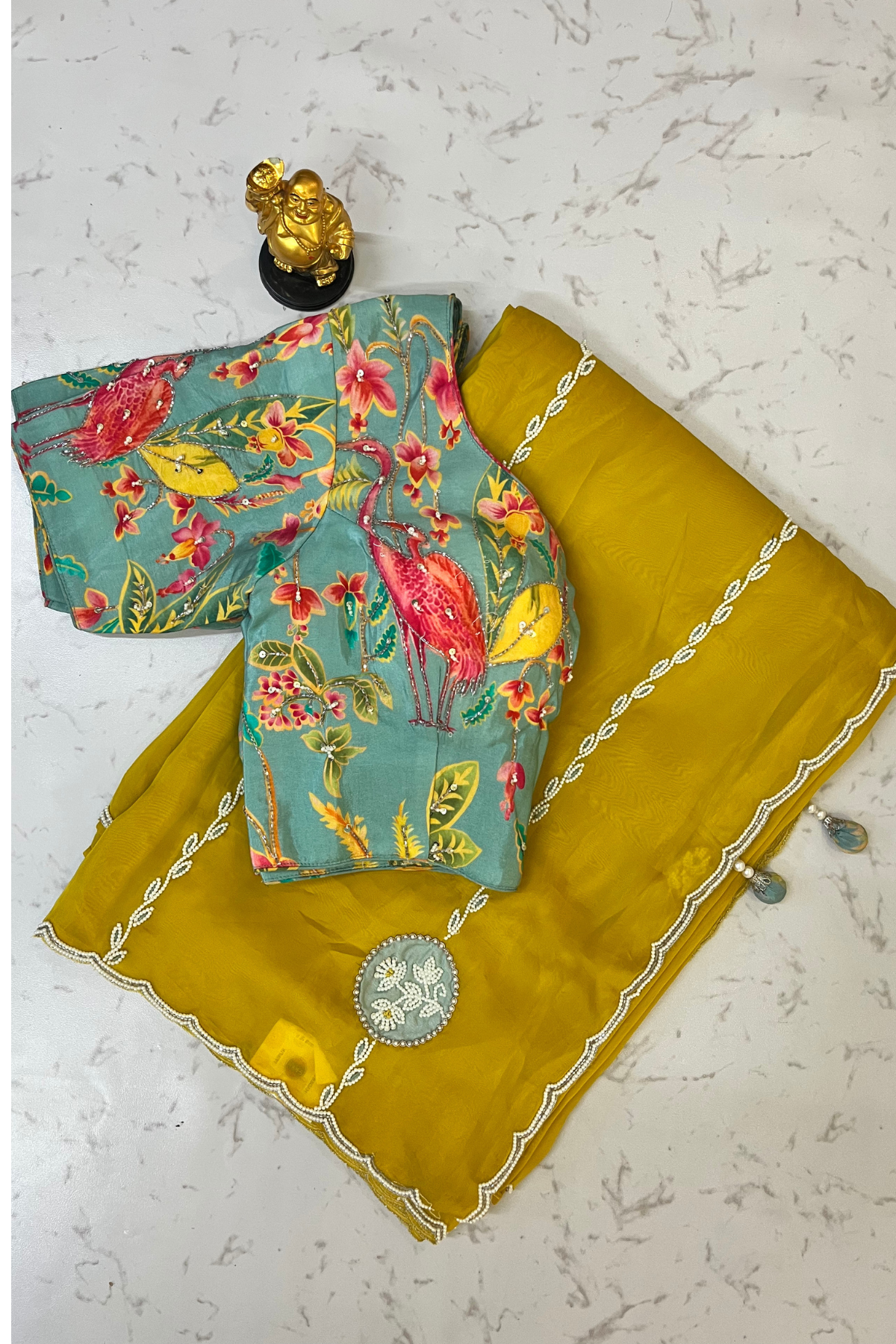 Mustard Organza Saree with Mint-Blue Pearl Work Blouse & Digital Print