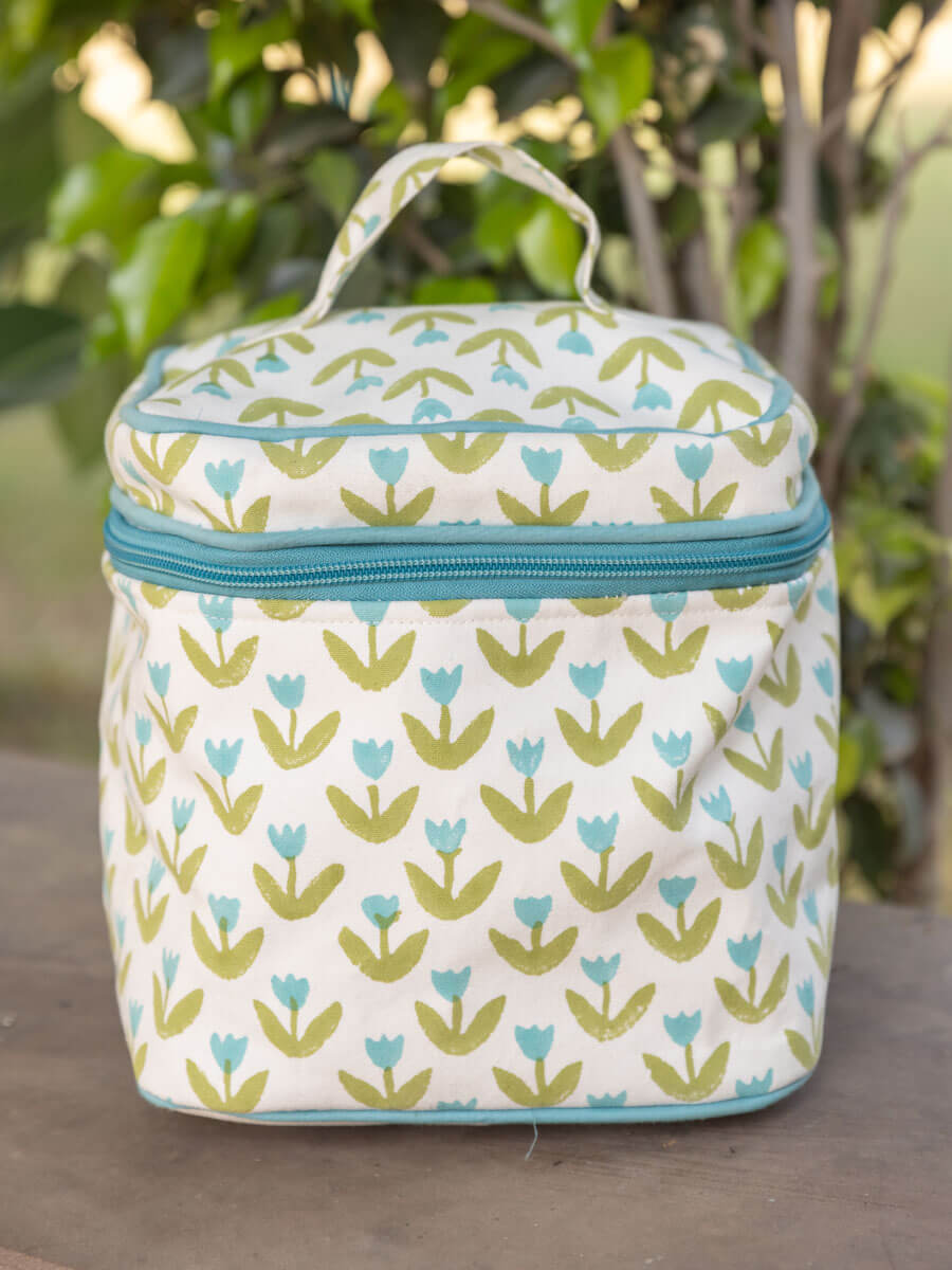 Tiny Tulip Block Printed Cotton Travel Vanity Case