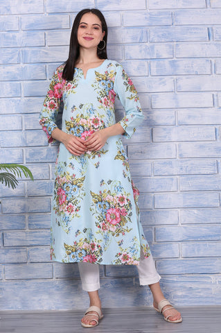 Blue Floral Printed Pure Cotton Straight Kurta