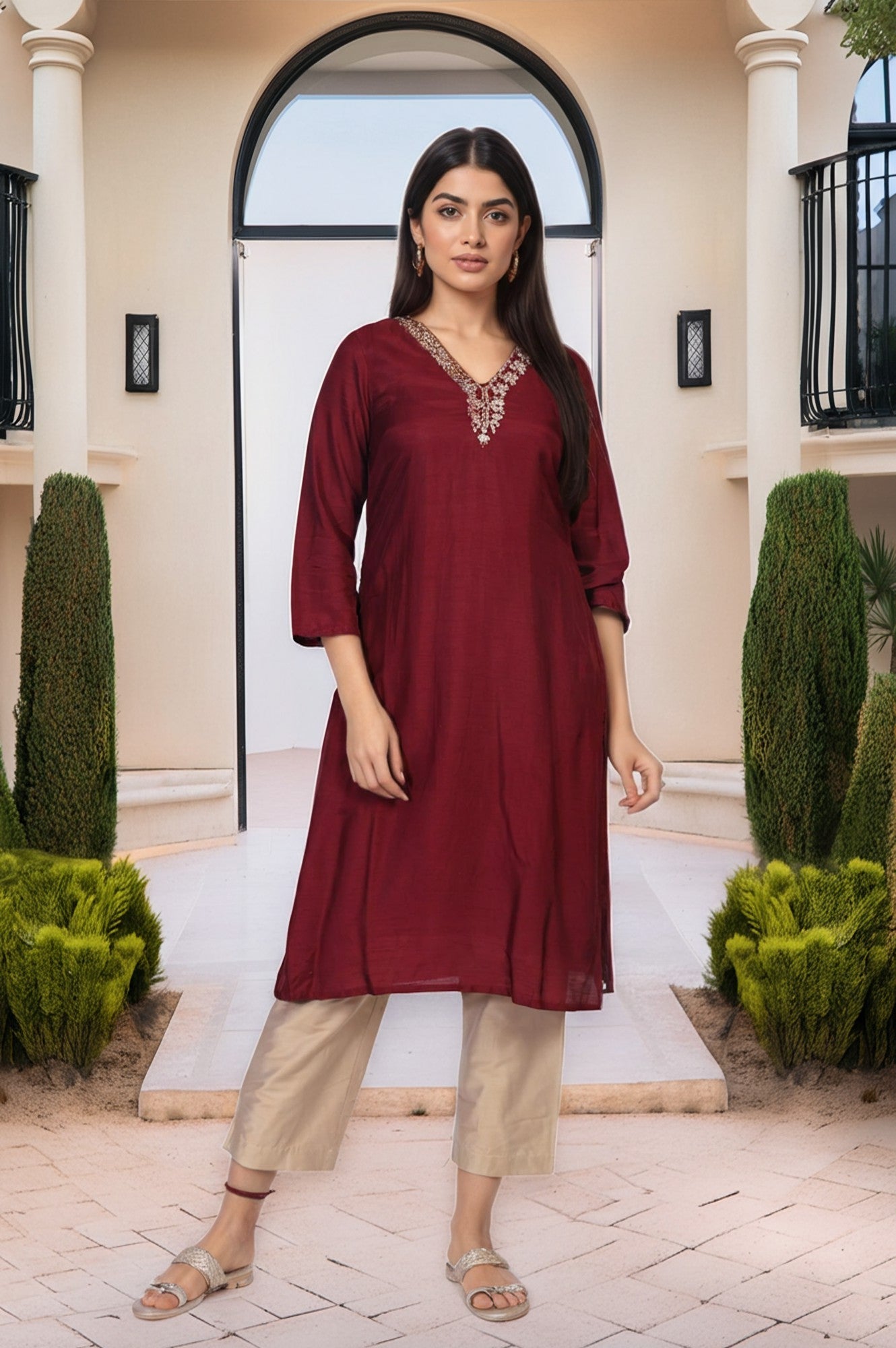 Maroon Embroidered A-Line Silk Kurta