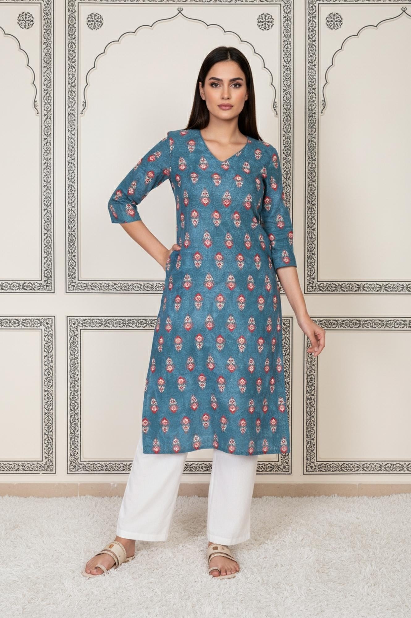 Blue Floral Printed Straight Cotton Kurta