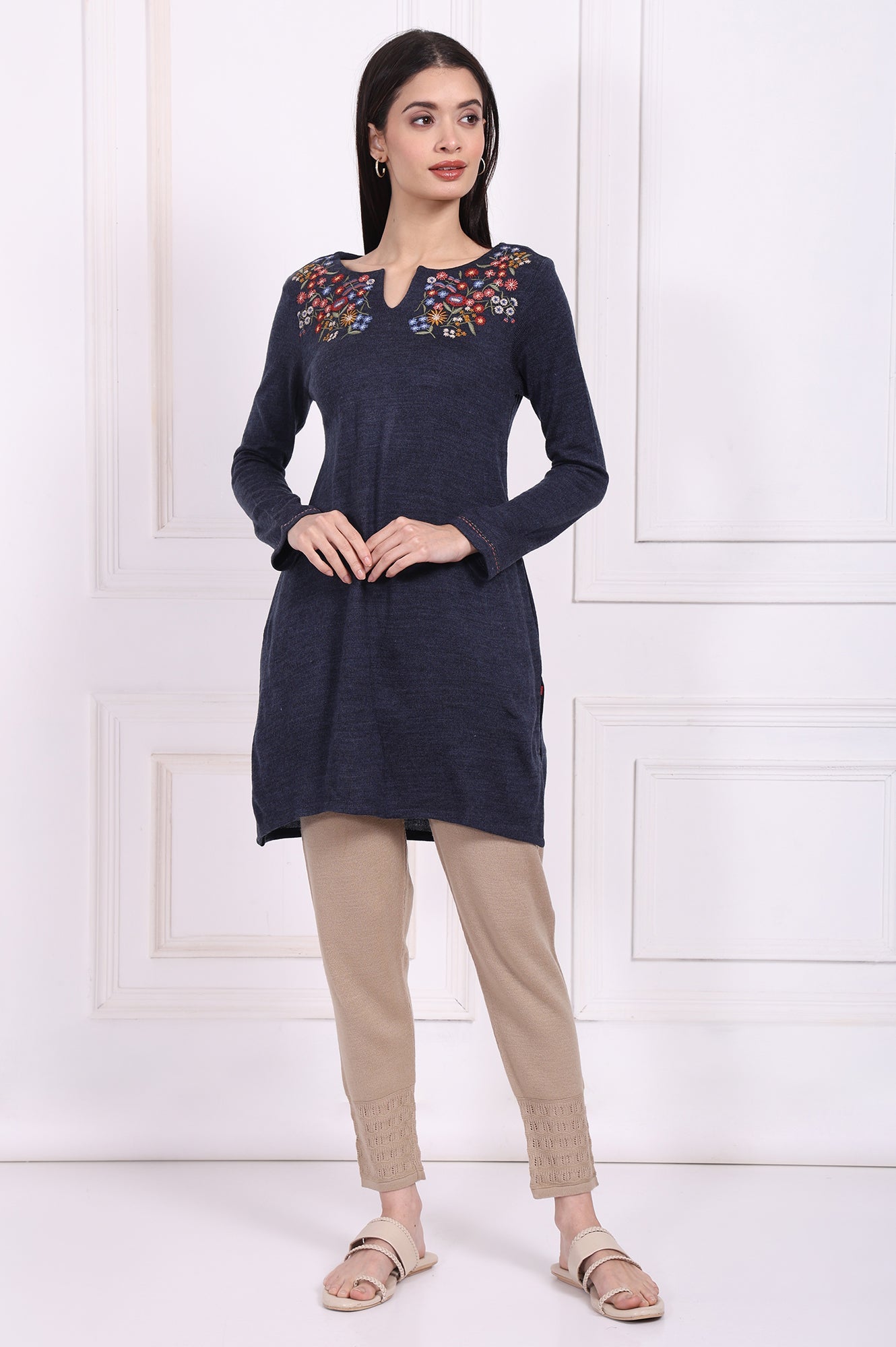 Navy Blue Embroidered Straight Acrylic Tunic