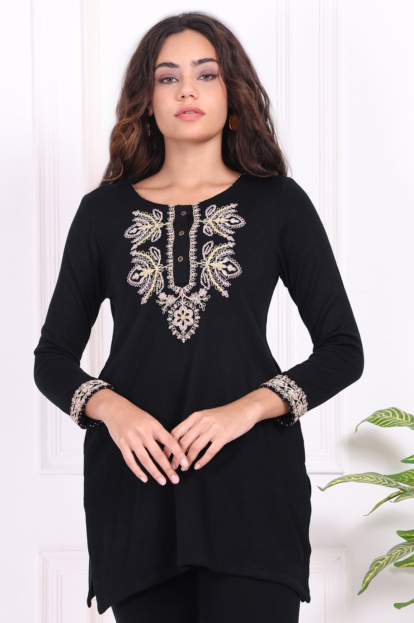 Black Embroidered Straight Acrylic Tunic