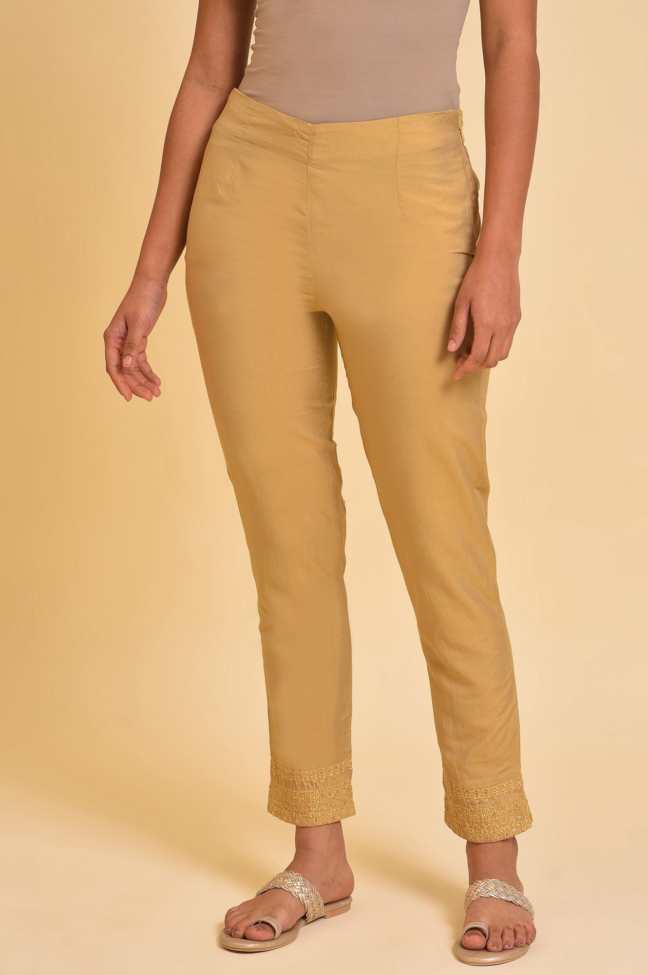 Beige Embroidered Slim Fit Rayon Culottes