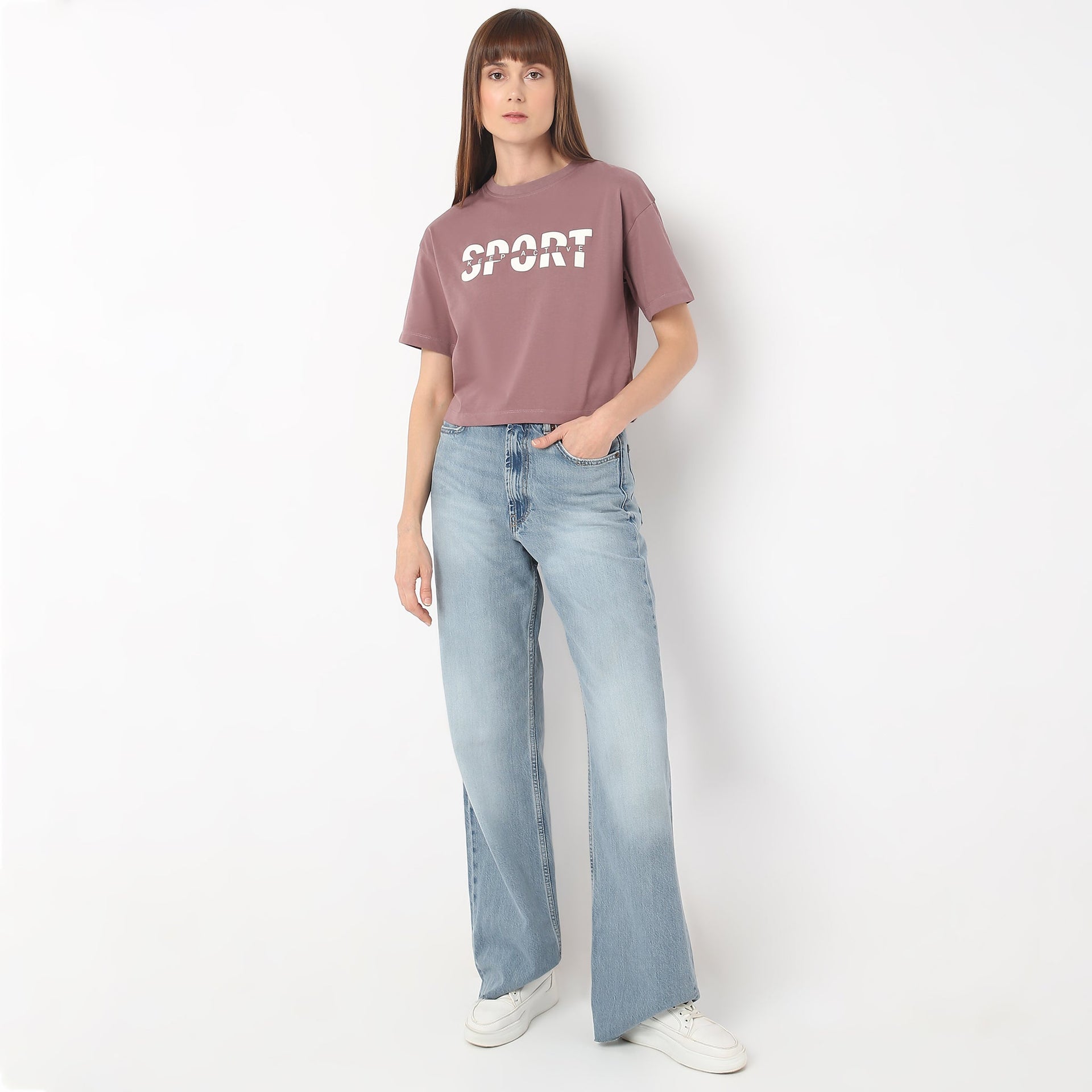 Boxy Fit Round Neck Performance Graphic Crop T-Shirt