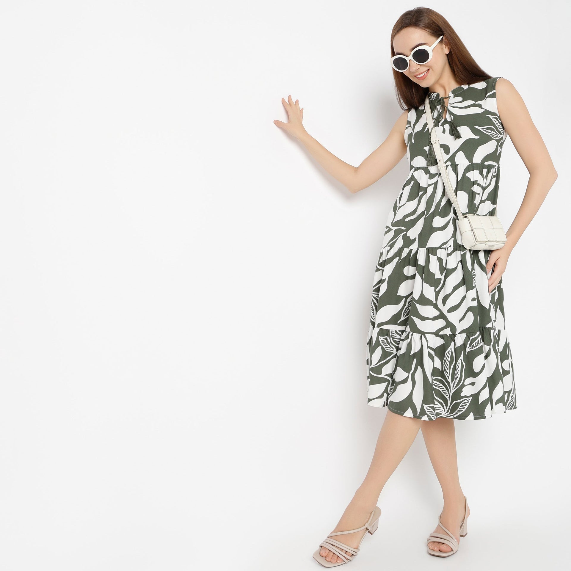 Band Neck Calf Length Flare Fit Floral Printed Strap Dress