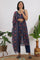 Blue Floral Printed Chiffon Spaghetti Gathered Kurta, Pants and Dupatta Set
