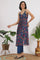Blue Floral Printed Chiffon Spaghetti Gathered Kurta, Pants and Dupatta Set