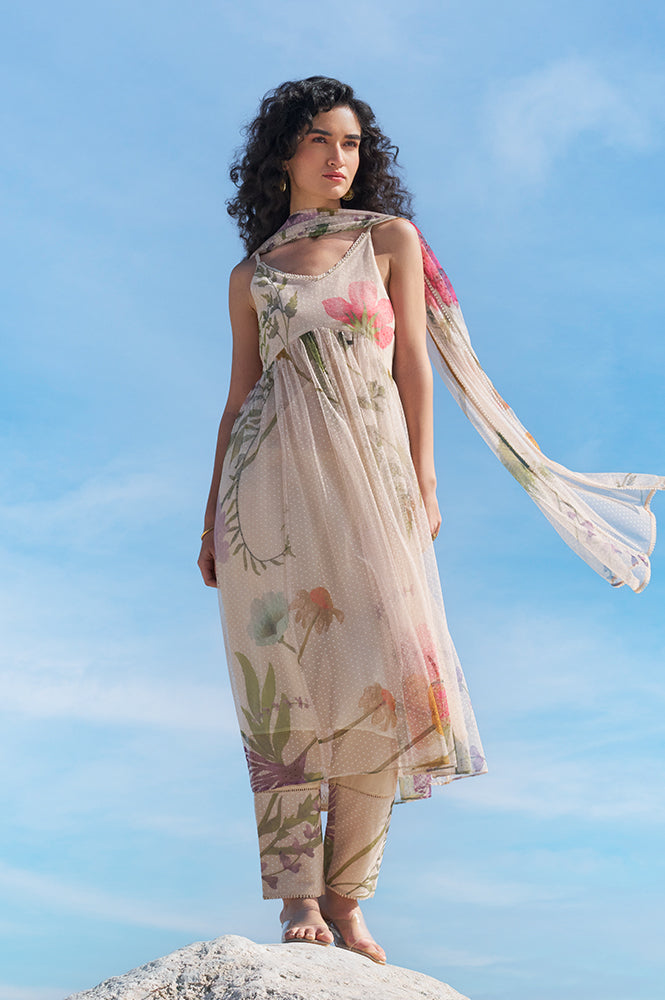 Light Beige Floral Printed Swiss Dot Net Spaghetti Flared Kurta, Pants and Dupatta Set