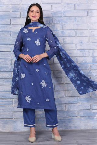Blue Embroidered Kota Straight Kurta, Pants and Dupatta Set