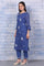 Blue Embroidered Kota Straight Kurta, Pants and Dupatta Set
