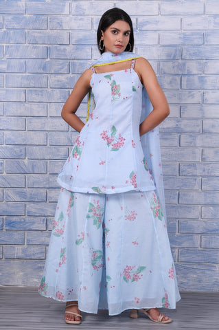Blue Floral Printed Thread Embroidered Kota Flared Kurta, Flared Pant And Dupatta Set