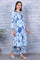 Blue Floral Printed Rayon Lace Flared Kurta, Pants and Dupatta Set