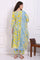 Blue Bold Floral Printed Pure Cotton Flared Kurta, Straight Pants and Dupatta Set