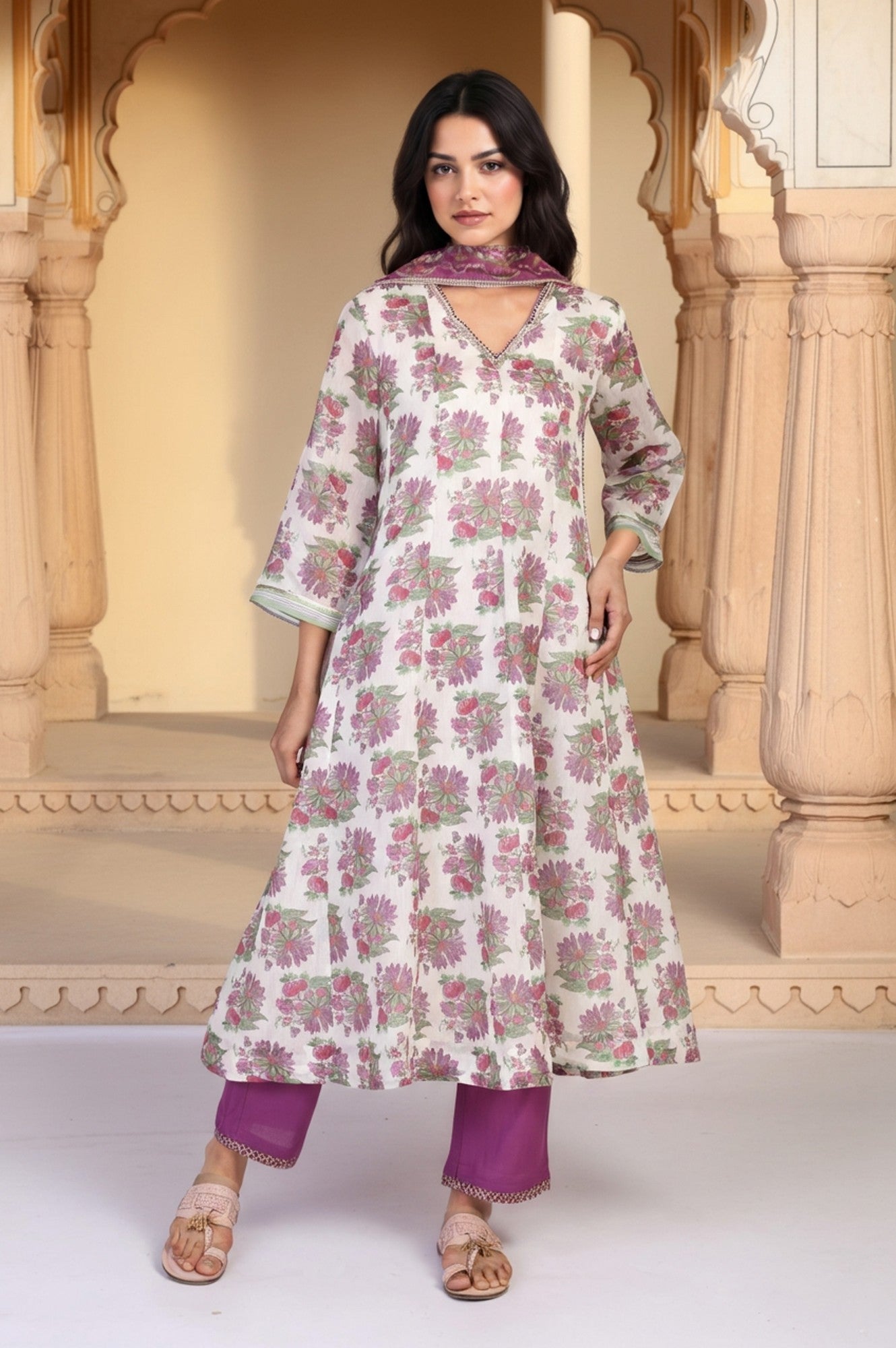 Beige Floral Print Sequined Flared Chanderi Kurta with Pant and Dupatta Set