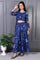 Blue Floral Printed Beads Chiffon Flared Crop Top, Jacket and Flared Pants Set