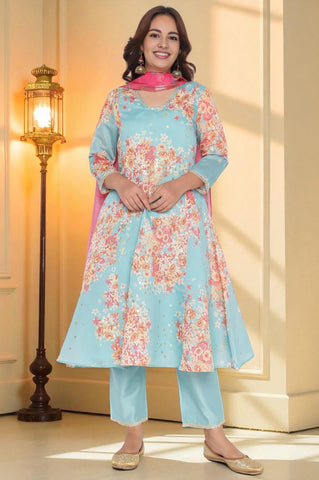 Blue Printed Chanderi Flared Kurta, Straight Pant and Dupatta Set