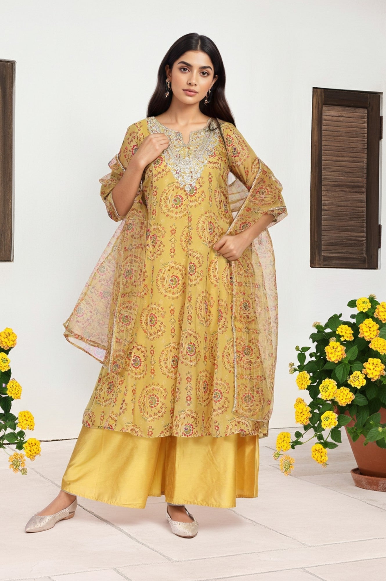 Yellow Embroidered Anarkali Organza Kurta with Flared Pant and Dupatta Set