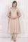 Beige Embroidered A-Line Chanderi Kurta with Straight Pant and Dupatta Set