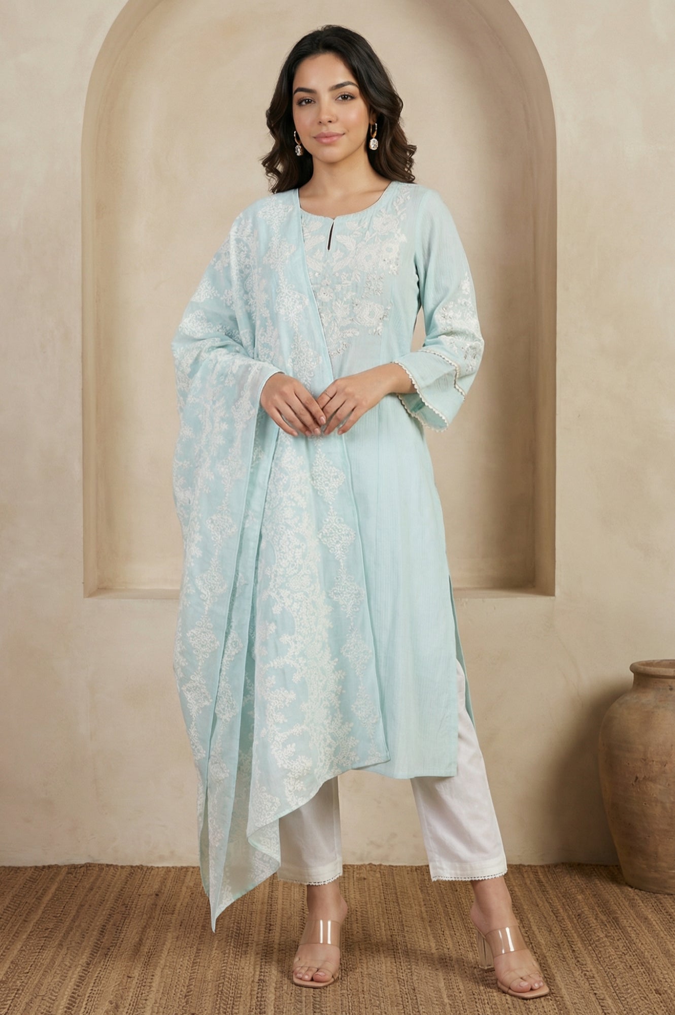 Blue Thread Embroidered Pure Cotton Straight Kurta with Straight Pants and Dupatta Set
